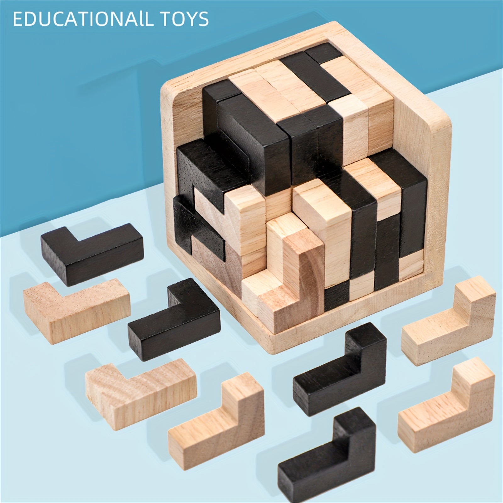 54 pièces Puzzle en Bois Cubique Casse-Tête, Jeu Éducatif Logique en Forme de L