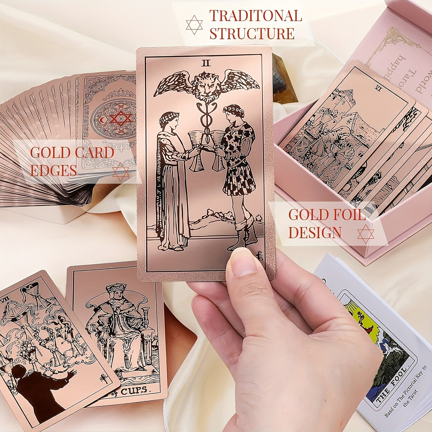 Cartes de Tarot Dorées Rose de Luxe, Jeu de 78 pièces avec Guide - Matériau PET Étanche et Résistant aux Rides, Taille Standard (4.72x2.76 pouces) - Parfait pour Débutants et Experts, Feuille Dorée, Jeu de Cartes de Tarot