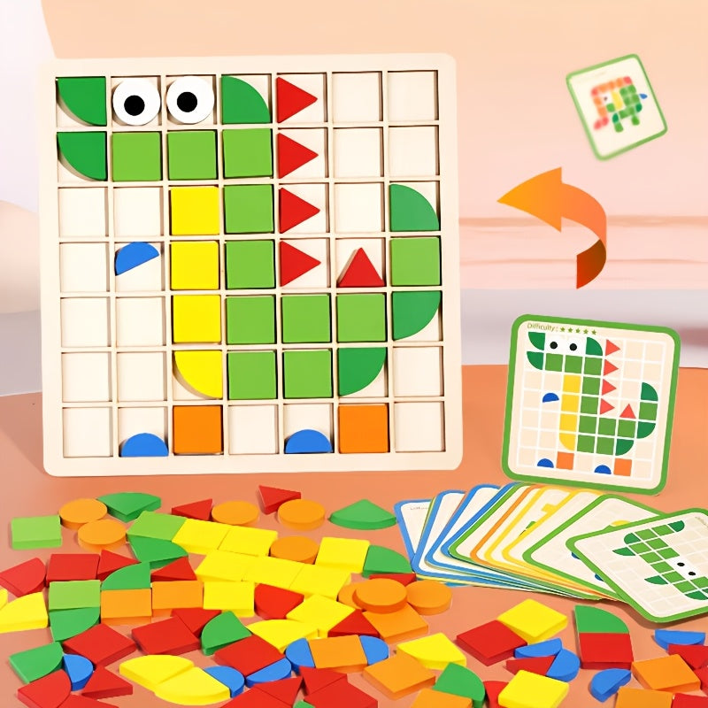 Un ensemble de puzzle mosaïque en bois 3D avec 20 cartes pour l'entraînement et l'association de blocs. Capacité de reconnaissance des couleurs adaptée aux garçons et aux filles. Cadeaux pour Noël, Nouvel An et la rentrée scolaire