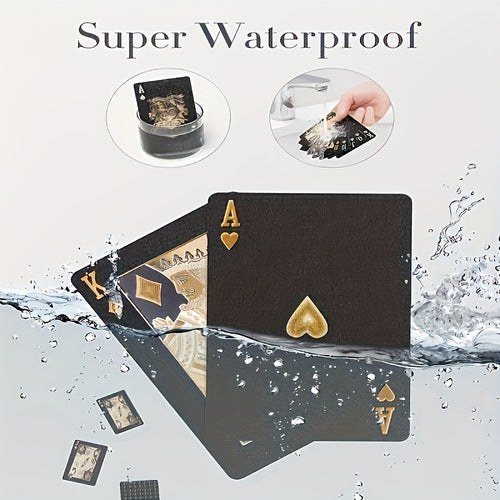 1 jeu de Cartes à Jouer en Feuille d'Or Noir Étanche - Ensemble de Jeux de Cartes de Table en Plastique Résistant