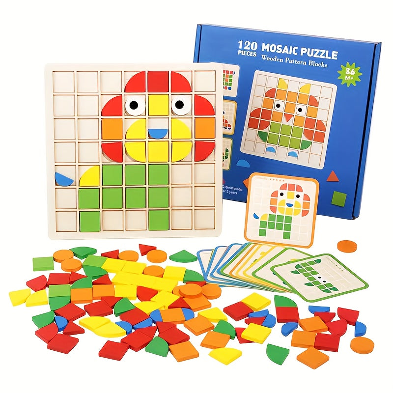 Un ensemble de puzzle mosaïque en bois 3D avec 20 cartes pour l'entraînement et l'association de blocs. Capacité de reconnaissance des couleurs adaptée aux garçons et aux filles. Cadeaux pour Noël, Nouvel An et la rentrée scolaire
