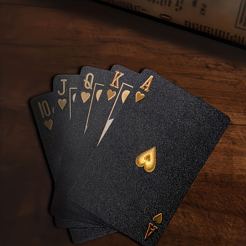 1 jeu de Cartes à Jouer en Feuille d'Or Noir Étanche - Ensemble de Jeux de Cartes de Table en Plastique Résistant