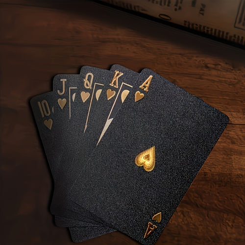 1 jeu de Cartes à Jouer en Feuille d'Or Noir Étanche - Ensemble de Jeux de Cartes de Table en Plastique Résistant